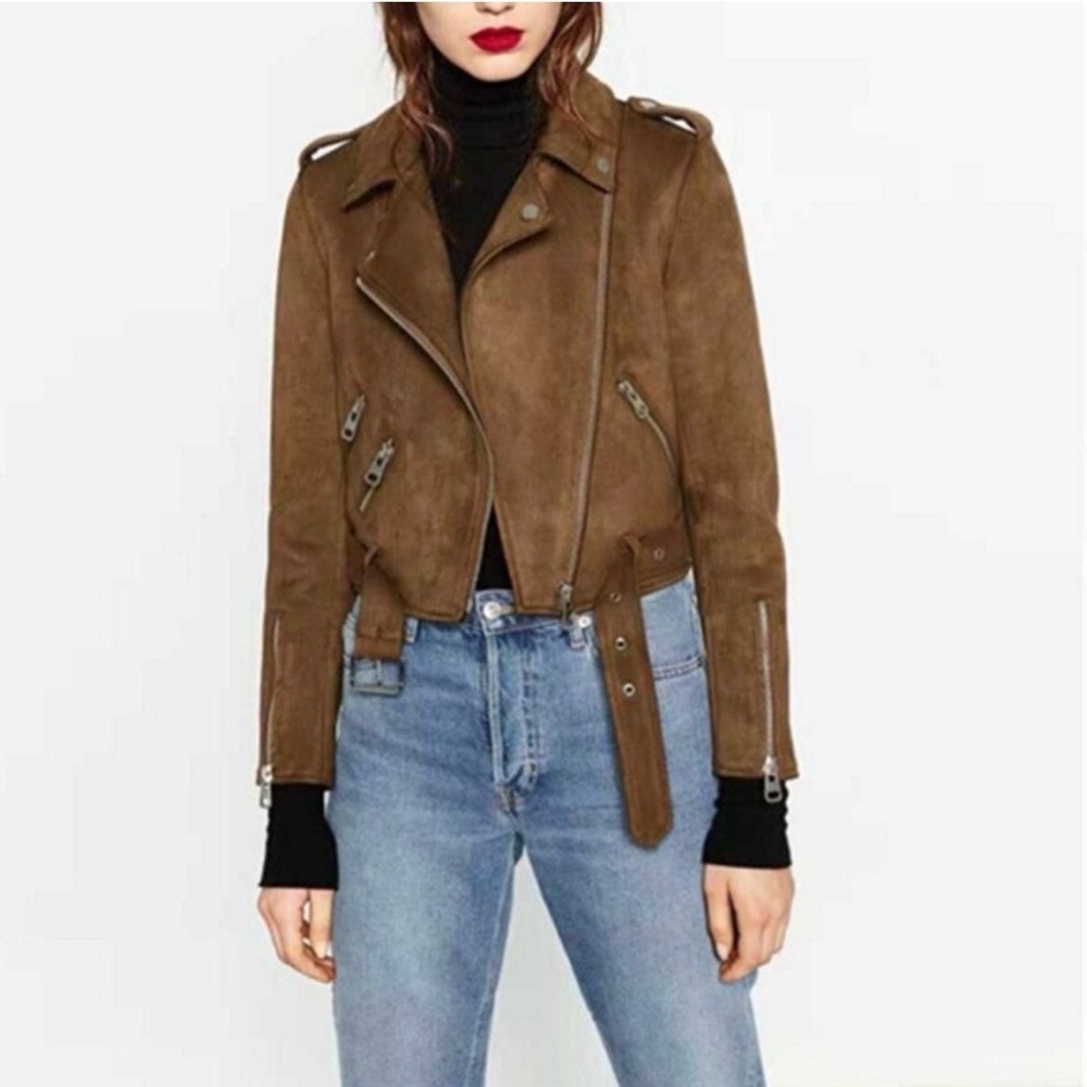 Zara Truffle Brown Faux Suede Biker Jacket